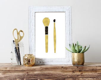 Make up brushes Wall Art Print Gold Make up brushes Printable Poster make up Print Make up gold art decor Gold decor posters Gold prints