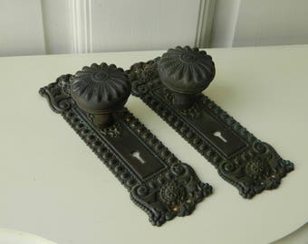 Complete Set Victorian Door Hardware, Antique Door Knobs, Door Plates, Mortise Lock, Ornate Hardware, Pair of Escutcheons
