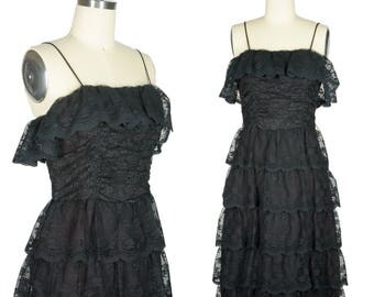 60s Tiered Lace Dress Lace Ruffle Dress Little Black Dress Lace Galore