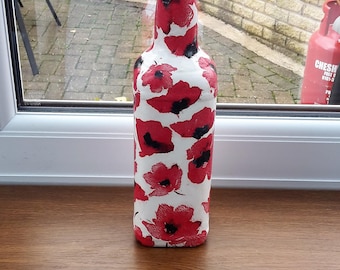 Poppy decoupage bottle - red decorative bottle white vase - floral vase - altered bottle - poppy decor - best selling items - unique vase