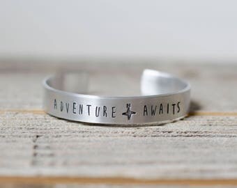Adventure Awaits Bracelet, Hand Stamped Jewelry, Inspirational Bracelet, Travel Jewelry, Inspirational Quote Jewelry, Graduation Gift