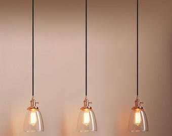 Industrial ceiling light triple 3 head antique retro trio. Pendant Chandelier glass shade barn modern bar copper chrome vintage bronze black