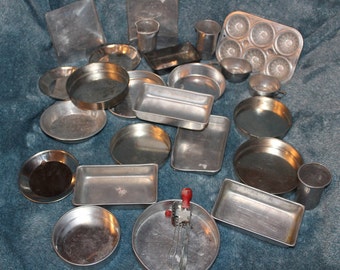 Lot of Vintage Aluminum Children's Toy Dishes, Pans & Cooking Utensils
