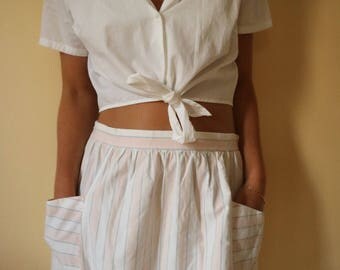 Vintage Midi High Waisted White & Pink Stripe Skirt with Pockets Size 10