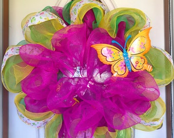 Summer Wreath, Summer Butterfly Wreath, Butterfly Wreath, Door Swag, Seasonal Wreath, Deco Mesh Wreath