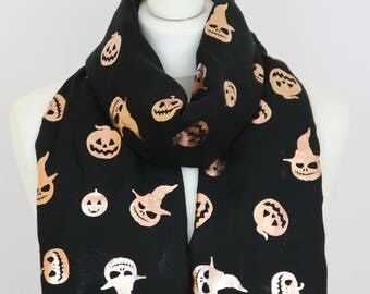 Halloween Scarf, Pumpkin Scarf, Pumpkin Head Scarf, Rose Gold Metallic Scarf, Halloween Gift, Spooky, Halloween, Pumpkin, Scarf, Accessories
