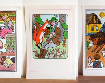 Vintage Children Book Print, 3x Posters, Illustrated Pictures, Vintage Book Illustrations, Made in Czechoslovakia, Kids Room, Home Decor