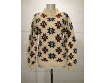 Vintage WOOLRICH Woman Sz M Quilt Star Chunky Knit Wool Sweater