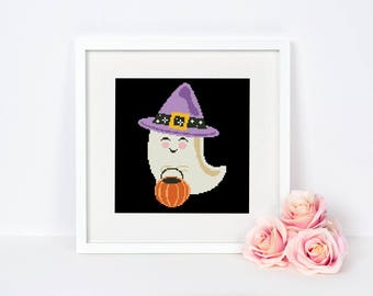 Halloween Cross stitch pattern Ghost Modern Easy chart Beginner Wall decor Happy Cute Pumpkin Spooky Fall Trick Instant download PDF #041