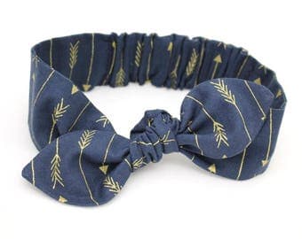 Arrows gold baby headband, blue gold arrows baby, knot baby headband, girls headband, metallic gold blue, blue arrows headband