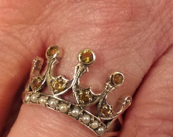 Vintage Citrine & White Seed Pearl Gemstone Art Deco "Crown" Sterling Silver Ring, .5 ct. Size - 7
