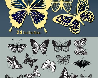 24 Butterflies Vector Digital Cut Files Svg Dfx Eps Png Silhouette SCAL Cricut Printable Download for DIY Paper Vinyl Die Cutting JB-190