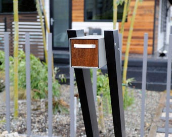 TRACEY, Streamlined, Modern Mailbox, Powder Coated Aluminum Frame, Brazilian Hardwood Door, Free-Standing Mailbox