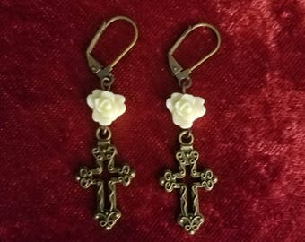 Bronze Cross earrings with Roses