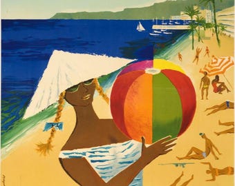 Beautiful vintage poster on the theme of the French Riviera.
