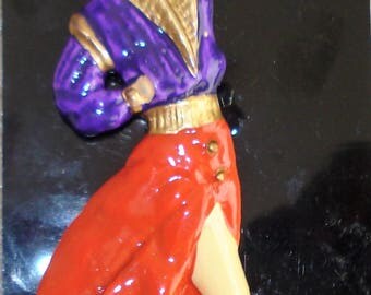 1980's Hand painted Lady Brooch Vintage Plastic Pin Brooch
