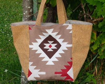 Cork and ethnic print tote bag