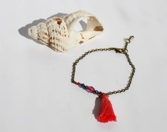 Bracelet Chaine bronze et Pompon Rose Corail