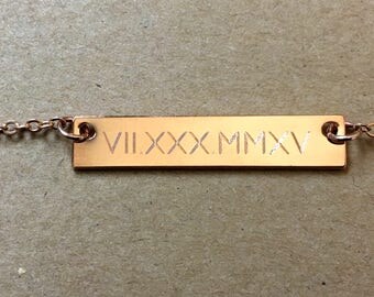 Roman Numeral Necklace Rose Gold Bar Necklace, Personalize Bar Necklace, Date Bar Necklace, Bridesmaid Gift, Gift for Her, Wedding Date