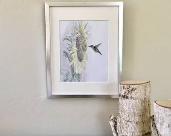 Sunflower art, hummingbird art, ink drawings, ink and pencil drawing, original artist, nature art, kitchen art, living room art, mixed