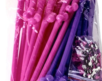 Penis Straws 20 Pack + Confetti by LIZZIE FROST Pink & Purple - Perfect for Bachelorette Party