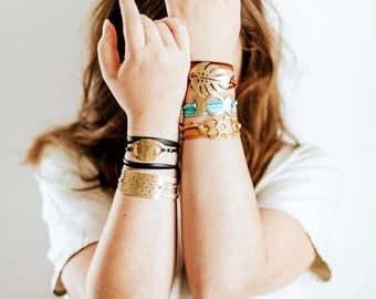 Brass Suede Leather Wrap Bracelet | Monstera Leaf, Honeycomb, Moon, Eye, Polkadot Bar
