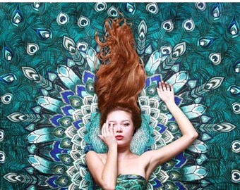 SALE Peacock Scarf, Blue Silk Scarf, Feather Scarf, Blue Scarf, Beach Bridesmaid Scarf, Silk Wrap, Wings Shawl, Silk Shawl, Peacock Wedding