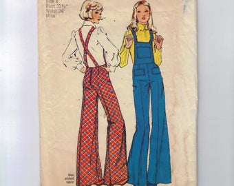 1970s Vintage Sewing Pattern Simplicity 5890 Misses Wide Leg Overalls Back Zipper Hippie Size 8 Bust 31 1/2 1973 70s