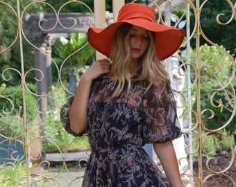 Vintage 70s FLOPPY Hat Orange WIDE Brim Boho Hat