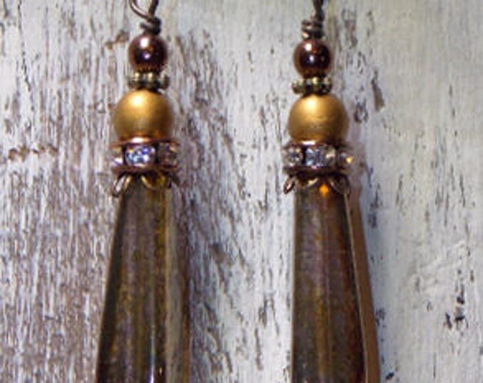 Gold Drop Earrings, Gold Czech Glass Earrings, Dangle Boho Earrings, Brass Earrings, Picasso Teardrop Earrings