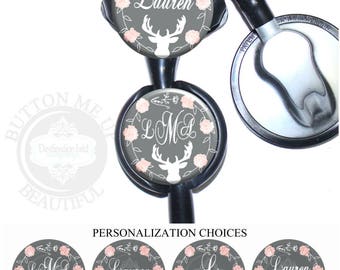 1 1/2" Design Stethoscope ID Tag - Personalized Deer Antlers on Gray with Pink Flowers Nurse Littmann Identification (A386)