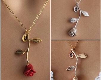 Original Red Rose Necklace, Gold Rose, Beauty and the Beast Necklace,Anniversary Gift, Personalized Bridesmaid gift, Initial Necklace