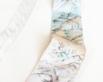 Hand Painted Necktie Custom Necktie Japanese Landscape Inspired Ready to Ship
