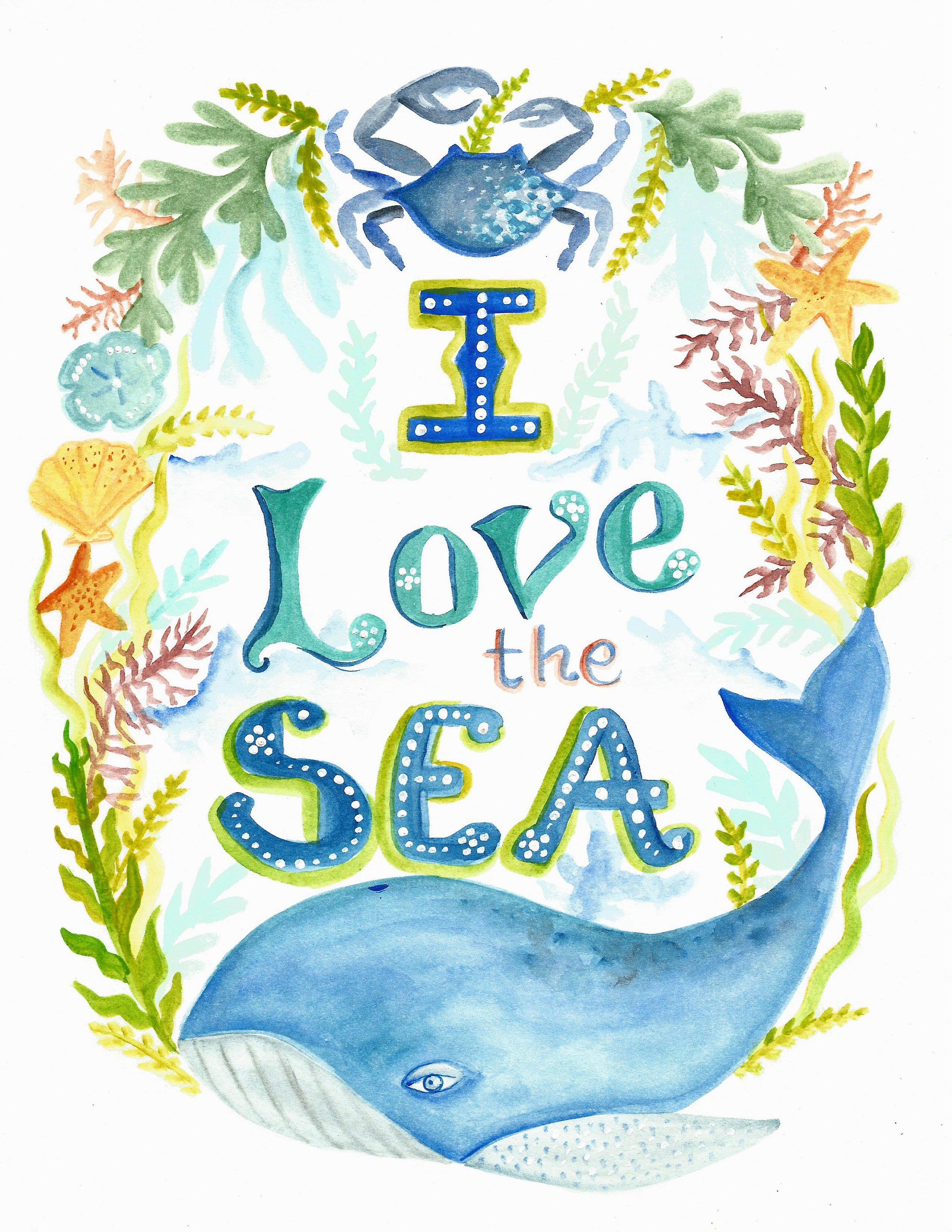 Whale I love the Sea Art Original Print Instant download Sea