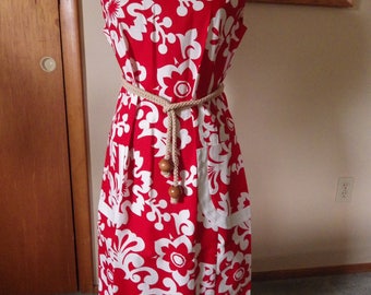 Lovely Vintage Red and White Hawaiian Cotton Dress Pake Muu Size XL
