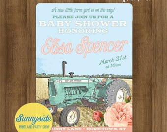 Farm baby girl shower invitation, farm baby shower tractor invite, baby girl printable invitation in peach and mint, locally grown, baby
