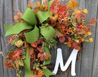 Fall Wreath, Wreath for autumn pumpkin wreath monogram wreath berry leaf wreath front door wreath bow Halloween fall door wreaths