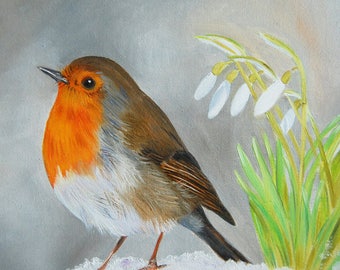 rouge gorge, peinture à l'huile, animaux, art, art animalier