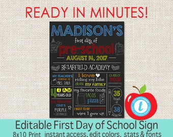 First Day of School Chalkboard, 1st Day of School sign, ANY GRADE, Back to School, 1st Day School Printable Sign, EDITABLE, Instant Download
