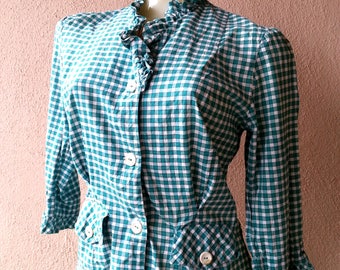 green check plaid top with ruffles vintage 50s