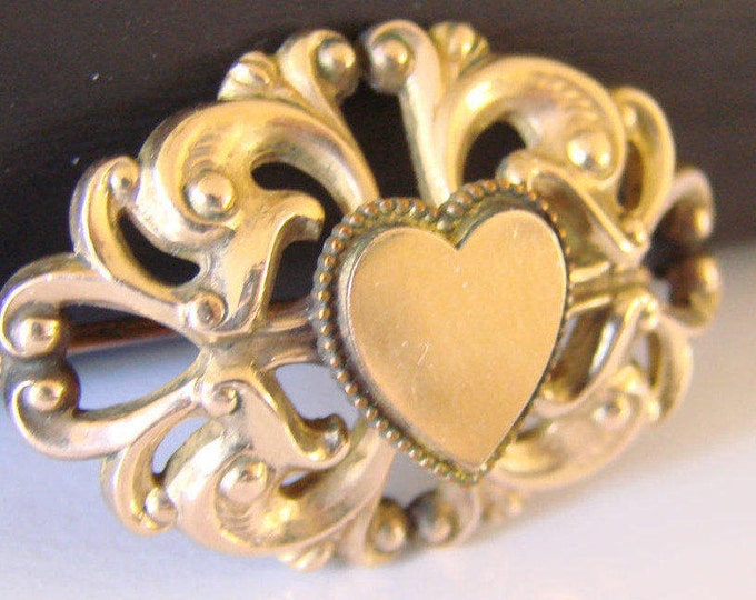 Victorian Ornate Gold Electroplate Brooch / Heart Motif / Some Gold Ornamentation / 1800s Jewelry / Jewellery