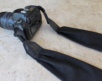 Solid Black Scarf Camera Strap, Cross Body Strap, Silver Clasps or Nylon Ends, Customizable Camera Strap