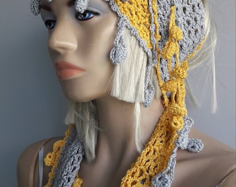 SUNNY HOME - Crochet Scarf / Cotton Scarf / Crochet Bandana / Fringed Scarf / MultiColor Scarf / Crochet Scarflette / Crochet Neckwarmer