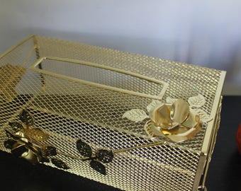 1960s Vintage Tissue Box cover Metal Mesh with Leaves and Roses, Gold Flowers, Tissue Box cover, Gold mesh tissue box cover
