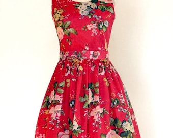 AUGUST 20 % OFF Red Floral Dress, Cotton Dress, Made to Order, 50s Dress,