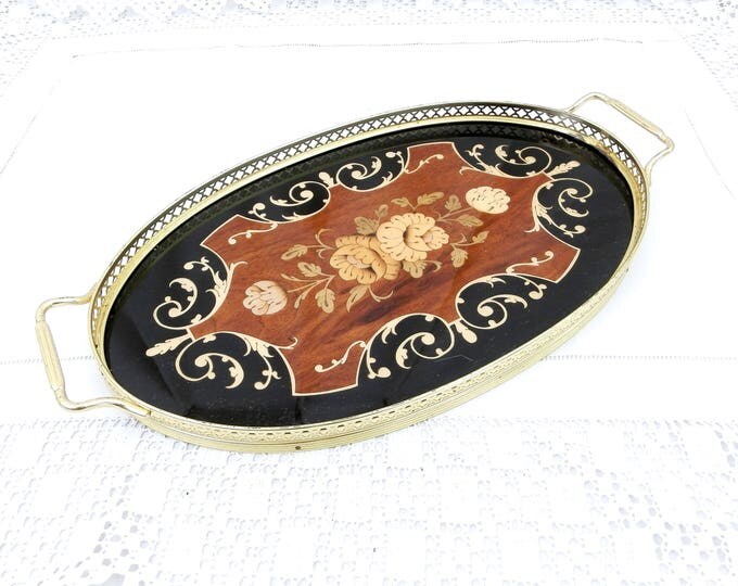 Vintage Mid Century Oval Tray Inlaid Marquetry with Exotic Woods with Gold Colored Metal Handles Made in Italy in 1960s Mayflower Lorrento