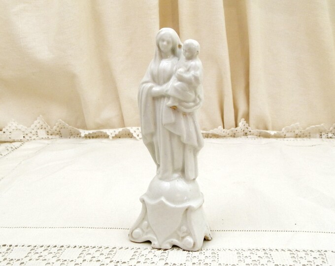 Antique French Bone China Madonna Statue White Glaze, Religious Porcelain de Paris Mother and Child Statue Made in France, Virgin Mary