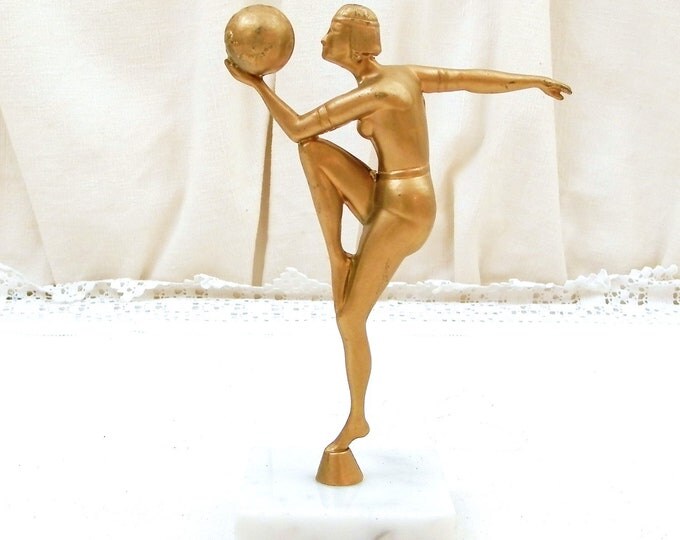 Small Vintage Reproduction 1930s Art Deco Sculpture Woman with Ball / Globe on White Marble Base, 30s Style Statue Gold Sportswoman Trophy