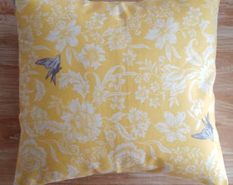 Yellow floral pillow cover, grey birds, french country cottage decor, english country, farmhouse chic, 18" square,