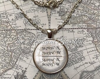 CUSTOM COORDINATES Latitude Longitude Necklace or Key Ring, Location GPS Coordinates Personalized Antique Bronze or Silver Plate